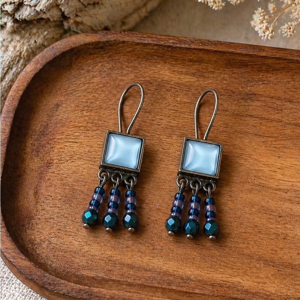 Vintage Blue Glass Fringe Earrings Boho Coastal Silver Tone Drop